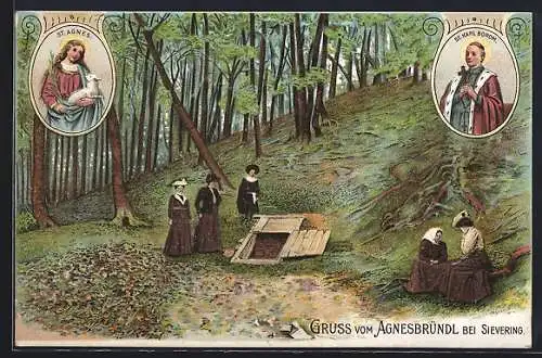 Lithographie Wien, Agnesbründl am Hermannskogel, St. Agnes, St. Karl Borom, Geheimeingang im Wald