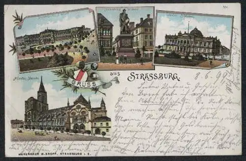 Lithographie Strassburg, Gutenberg-Denkmal, Landes-Bibliothek, Münster Südseite