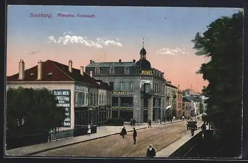 AK Saarburg, Französ. Vorstadt, Strassenpartie mit Geschäften