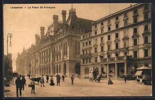 AK Lausanne, La Place St-Francois, Pferdekutsche, Hotel Gibbon