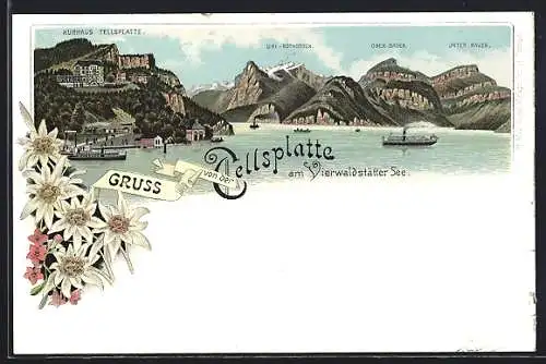 Lithographie Sisikon, Hotel Kurhaus Tellsplatte, Partie vom Vierwaldstätter See