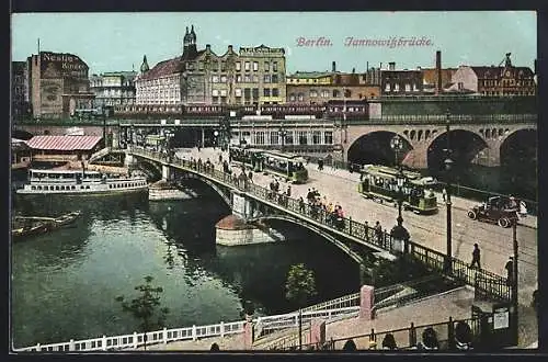 AK Berlin, Strassenbahnen auf der Jannowitzbrücke, Schiffe
