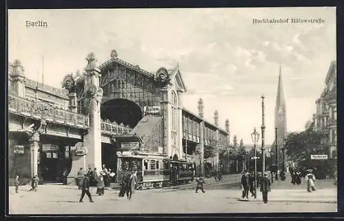 AK Berlin-Schöneberg, Hochbahnhof Bülowstrasse mit Strassenbahn und Passanten