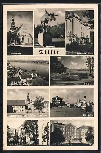AK Tilsit, Ordenskirche, Grenzland-Theater, Hafen