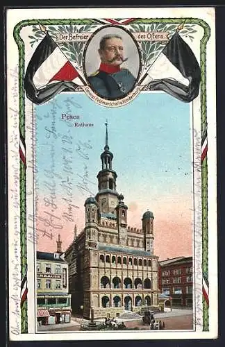 AK Posen, Rathaus, Portrait General-Feldmarschall v. Hindenburg