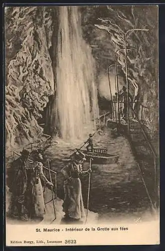 AK St. Maurice, Interieur de la Grotte aux fées, Wanderer & Boot in der Grotte