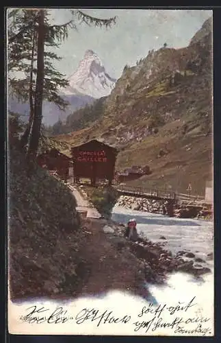 AK Zermatt, Ortspartie mit Cervin, F. -L. Cailler, Schweizer Milch-Chocolade, Hütte mit Werbung