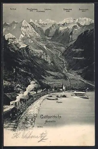 AK Flüelen, Schweizer Gotthardbahn mit ihrem Weg durch die Alpen