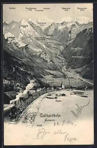AK Flüelen, Schweizer Gotthardbahn mit ihrem Weg durch die Alpen