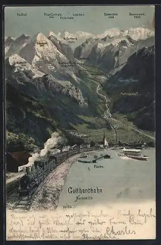 AK Flüelen, Schweizer Gotthardbahn mit ihrem Weg durch die Alpen