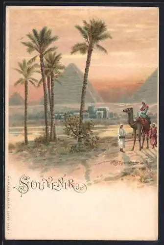Lithographie Gizeh, Blick zu den Pyramiden