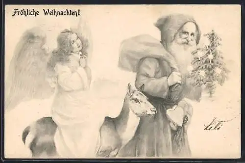 AK Weihnachtsmann und Weihnachtsengel mit Geschenken, Tannenbaum und Reh