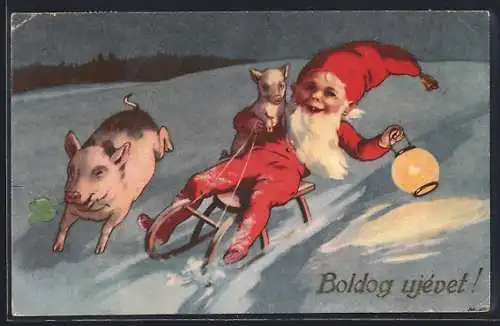 AK Zwerg fährt auf einem Schlitten durch den Schnee, Boldog ujévet