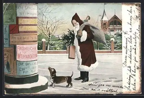 AK Weihnachtsmann und Dackel betrachten eine Litfasssäule