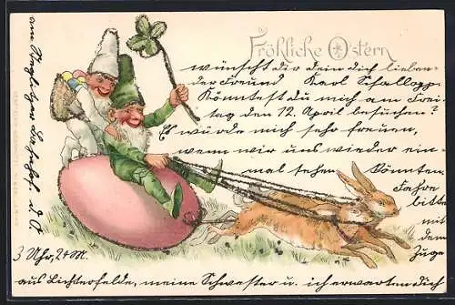 Präge-AK Zwerge auf einem Osterei lassen sich von Osterhasen ziehen