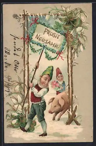 Präge-AK Zwerge mit Neujahrsgruss und Glücksschwein