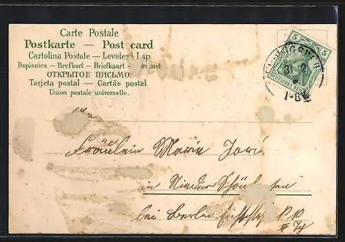 Präge-AK Jahreszahl 1903 mit goldenen Kleeblättern und Glücksschwein, Neujahrsgruss
