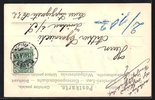 AK Goldene Jahreszahl 1902 mit violetten Blüten, Neujahrsgruss