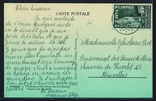AK Luingne, Pensionnat des Soeurs de St-Charles, Facade vue du jardin