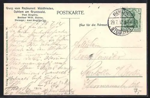 AK Berlin-Dahlem, Restaurant Waldfrieden, Bes. Wilh. Sickler