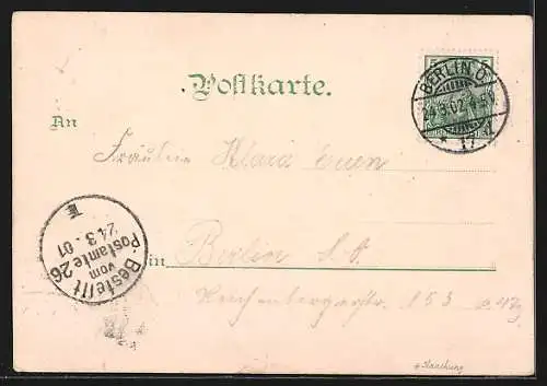 Lithographie Berlin-Friedrichshain, Concordia-Festsäle in der Andreasstrasse 64, Innenansichten