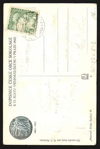 Künstler-AK Prag, Sokol 1912, Marathon, Pentathlon, Diskuswerfer, Jugendstil