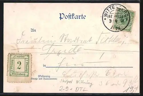 Lithographie Berlin, Cafe Robert Koppe, Königgrätzer Strasse 117 beim Anhalter Bahnhof, Private Stadtpost Wittenberg
