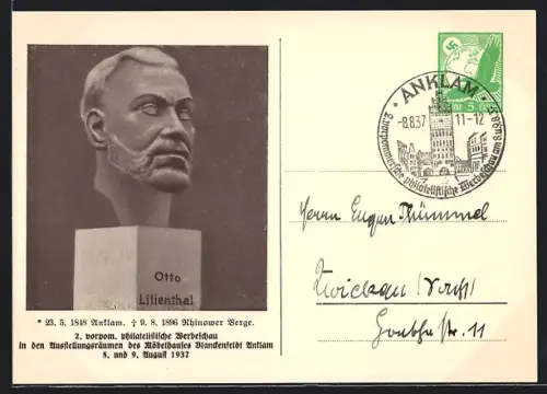AK Anklam, 2. vorpom. philatelistische Werbeschau 1937, Büste von Otto Lilienthal, Ganzsache