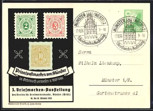 AK Münster / Westfalen, 3. Briefmarken-Ausstellung 1936, Private Stadtpost Briefmarken, Ganzsache