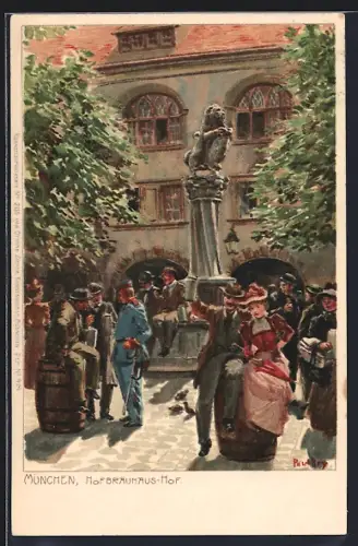 Künstler-Lithographie Paul Hey: München, Hofbräuhaus-Hof