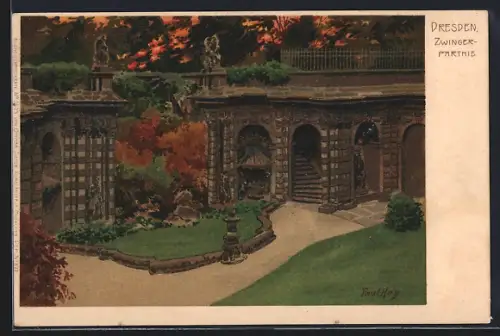 Künstler-Lithographie P. Hey: Dresden, Zwingerpartie im Herbst