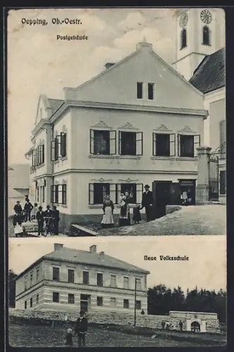 AK Oepping, Postgebäude neben der Kirche, Neue Volksschule