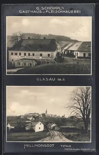 AK Hellmonsödt, Glasau, Gasthaus und Fleischhauerei G. Schöppl, Totalansicht