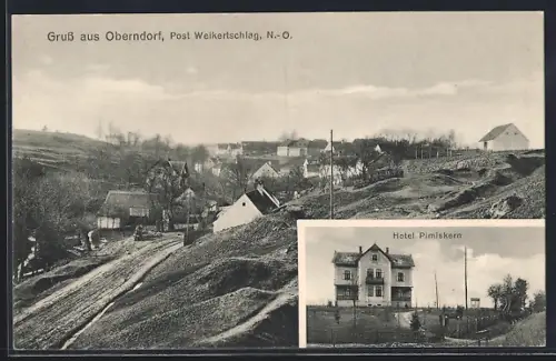 AK Oberndorf /Weikertschlag, Hotel-Pension Pimiskern, Ortsansicht vom Ortseingang