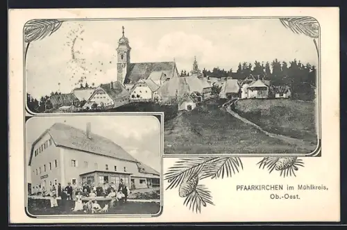 AK Pfarrkirchen im Mühlkreis, Gasthaus, Teilansicht mit Kirche