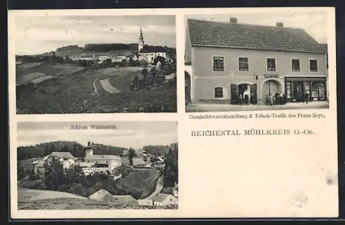 AK Reichental /Mühlkreis, Gemischtwarenhandlung des Franz Seyr, Schloss Waldenfels, Ortspartie