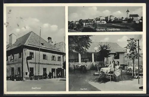 AK Neufelden, Schnauder`s Gasthaus zur Seeaussicht mit Gartenlokal, Ortsansicht