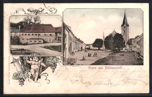 AK Hellmonsödt, Gasthaus zur Glasau, Strassenpartie mit Kirche