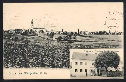 AK Altenfelden /Ob. Öst., Gasthaus und Handlung des H. Linkefeder, Ortspartie mit Kirche