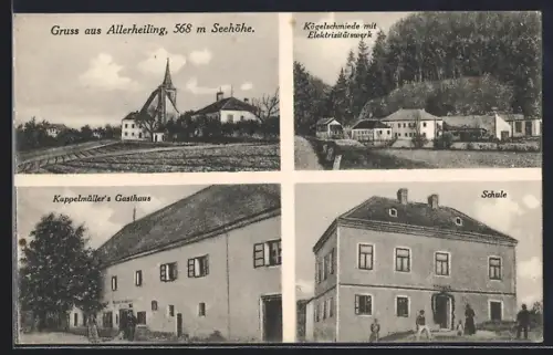 AK Allerheiligen im Mühlkreis, Gasthaus Kappelmüller, Kögelschmiede mit Elektrizitätswerk, Schule