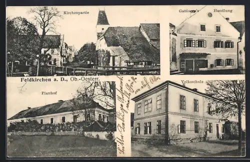 AK Feldkirchen a. D., Gattingers Handlung, Volksschule, Kirchenpartie