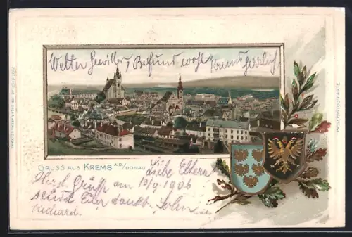 Passepartout-Lithographie Krems a. d. Donau, Totalansicht mit Wappen