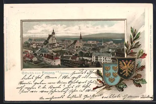 Passepartout-Lithographie Krems a. d. Donau, Totalansicht mit Wappen