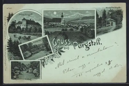 Mondschein-Lithographie Purgstall, Schloss, Erlauf-Steg, Steinfelder Kapelle