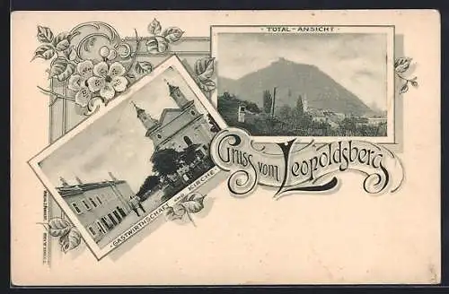 AK Wien, Gasthaus und Kirche auf dem Leopoldsberg, Totalansicht