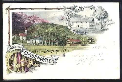 Lithographie St. Martin /Gnadenwald, Gasthaus zum Speckbacher, Geburtshaus Josef Speckbacher