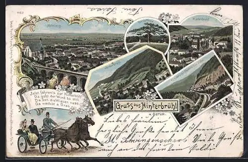 Lithographie Mödling, Teilansicht mit Viadukt, Hinterbrühl, Klausen mit Elektrischer Bahn