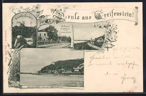 AK Greifenstein /Donau, Ruine Greifenstein, M. Riess` Gasthaus zum schwarzen Bären, Ansicht von der Donauseite, Kapelle
