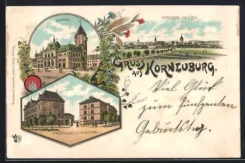 Lithographie Korneuburg, Teilansicht von Süden, F. M. Erzh. Albrecht-Kaserne, Rathaus