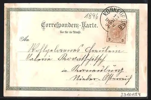 Lithographie Korneuburg, Teilansicht von Süden, F. M. Erzh. Albrecht-Kaserne, Rathaus
